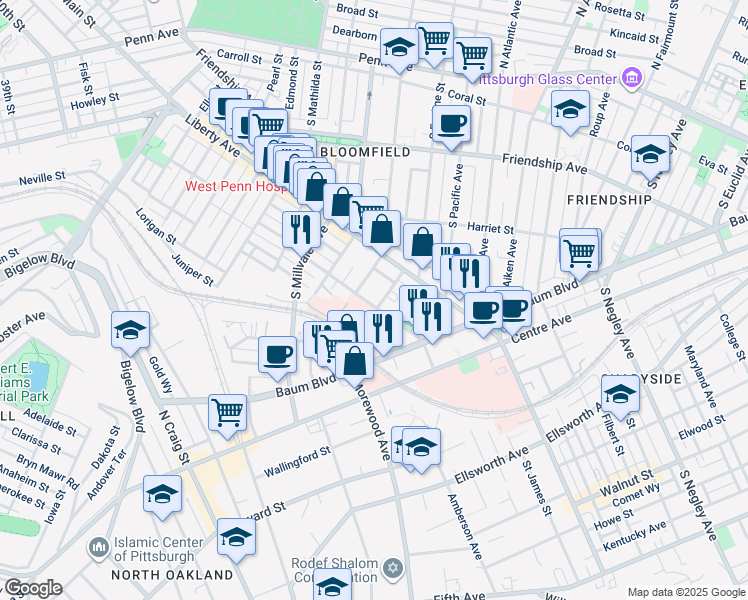 map of restaurants, bars, coffee shops, grocery stores, and more near 527 South Winebiddle Street in Pittsburgh