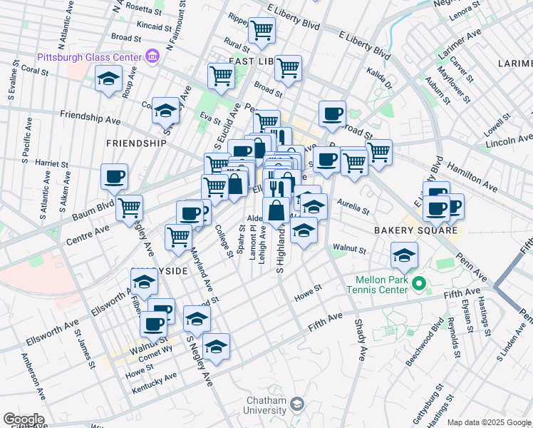 map of restaurants, bars, coffee shops, grocery stores, and more near 5973 Alder Street in Pittsburgh