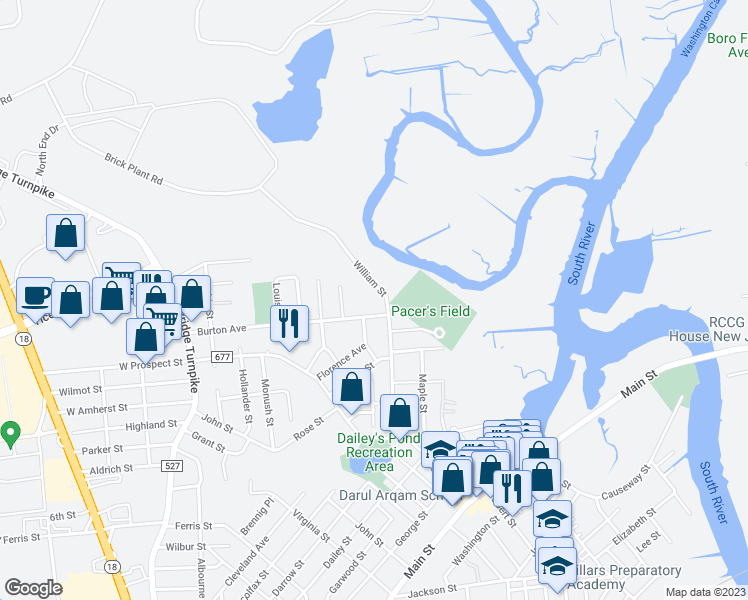 map of restaurants, bars, coffee shops, grocery stores, and more near 129 William Street in South River