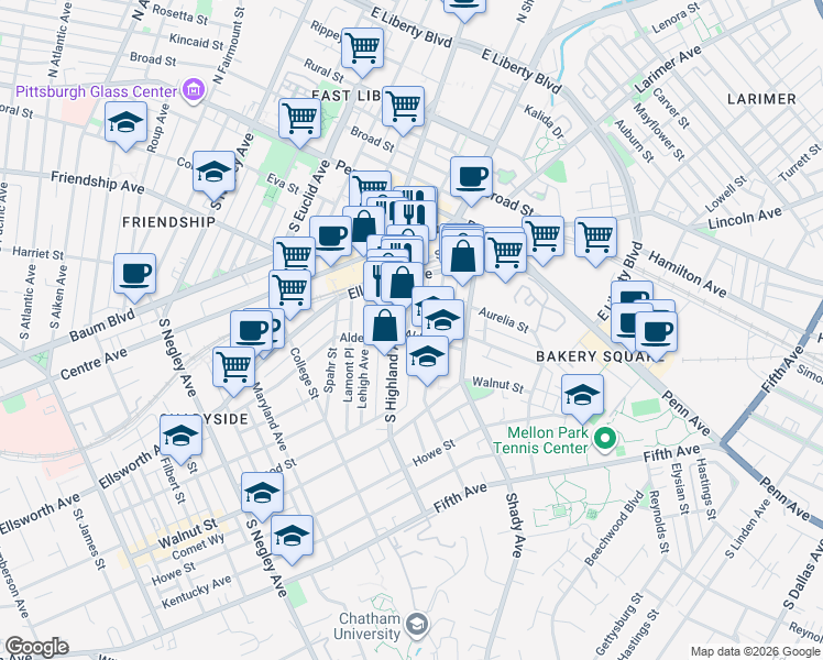 map of restaurants, bars, coffee shops, grocery stores, and more near 233 Carron Street in Pittsburgh