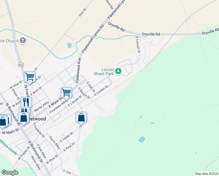 map of restaurants, bars, coffee shops, grocery stores, and more near 555 East Linden Street in Fleetwood