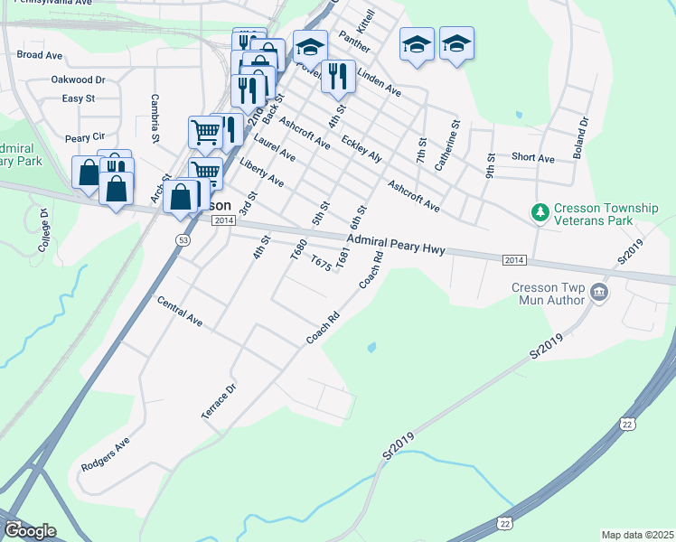 map of restaurants, bars, coffee shops, grocery stores, and more near 1098 6th St in Cresson