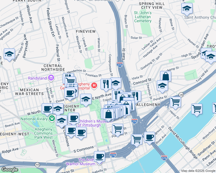 map of restaurants, bars, coffee shops, grocery stores, and more near 527 Dunloe Avenue in Pittsburgh