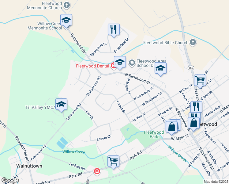 map of restaurants, bars, coffee shops, grocery stores, and more near 721 North Forest Street in Fleetwood
