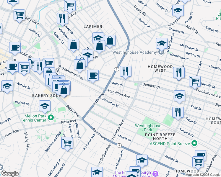 map of restaurants, bars, coffee shops, grocery stores, and more near 6713 Kelly Street in Pittsburgh