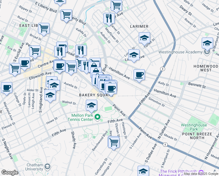map of restaurants, bars, coffee shops, grocery stores, and more near 6437 Dahlem Place in Pittsburgh