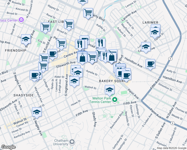 map of restaurants, bars, coffee shops, grocery stores, and more near 100 Denniston Street in Pittsburgh