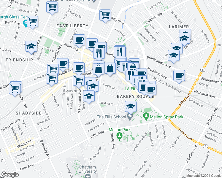 map of restaurants, bars, coffee shops, grocery stores, and more near 100 Denniston Street in Pittsburgh