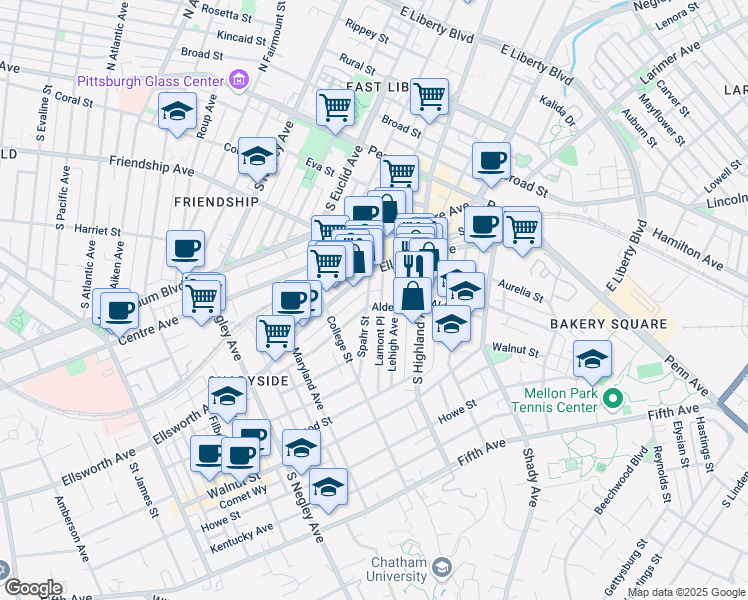 map of restaurants, bars, coffee shops, grocery stores, and more near 5894 Ellsworth Avenue in Pittsburgh