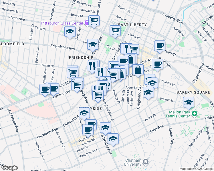map of restaurants, bars, coffee shops, grocery stores, and more near 5820 Centre Avenue in Pittsburgh
