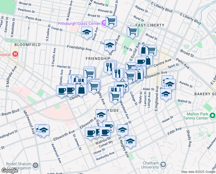 map of restaurants, bars, coffee shops, grocery stores, and more near 3743 Commerce Street in Pittsburgh