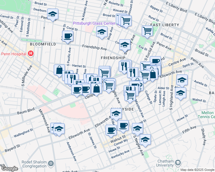 map of restaurants, bars, coffee shops, grocery stores, and more near in Pittsburgh