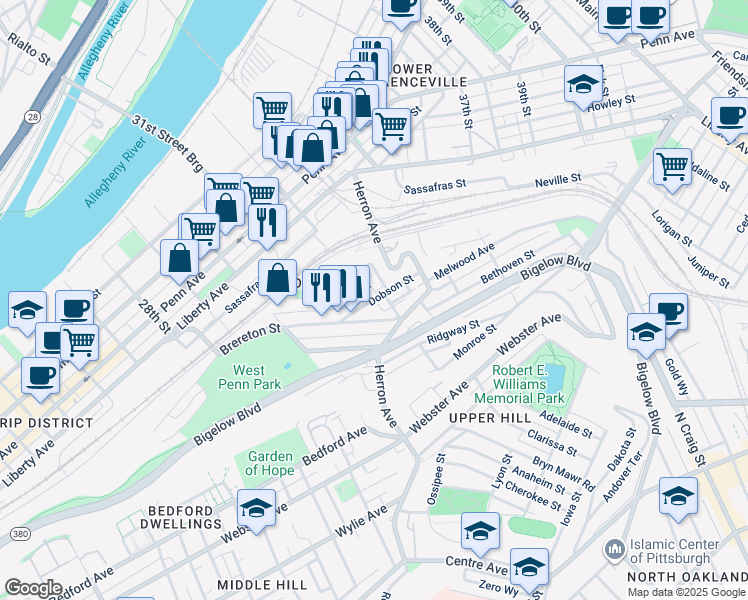 map of restaurants, bars, coffee shops, grocery stores, and more near 21 Revere Way in Pittsburgh