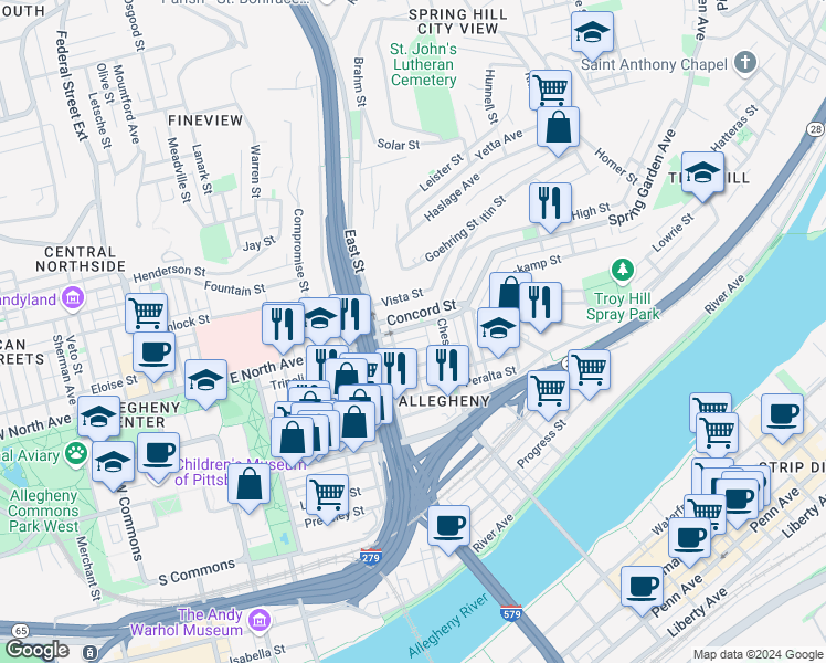 map of restaurants, bars, coffee shops, grocery stores, and more near 838 Concord Street in Pittsburgh