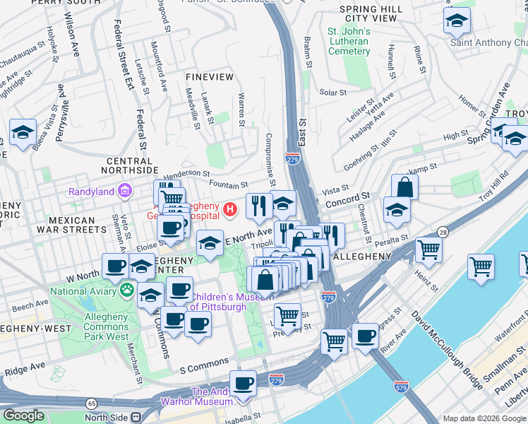 map of restaurants, bars, coffee shops, grocery stores, and more near 527 Dunloe Avenue in Pittsburgh
