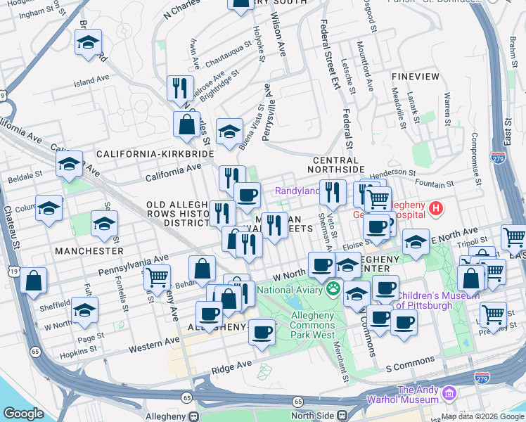 map of restaurants, bars, coffee shops, grocery stores, and more near 615 Armandale Street in Pittsburgh