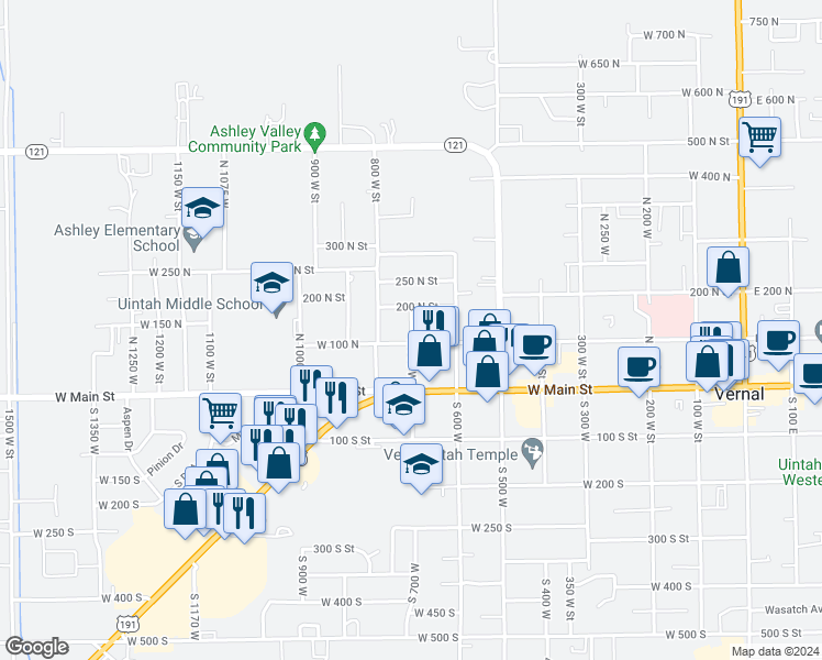 map of restaurants, bars, coffee shops, grocery stores, and more near 123 North 700 West in Vernal
