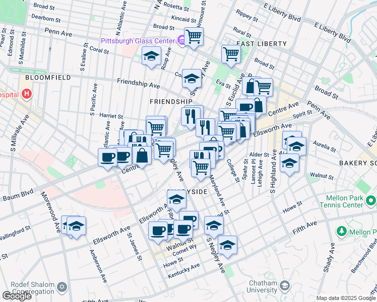 map of restaurants, bars, coffee shops, grocery stores, and more near 5750 Centre Avenue in Pittsburgh