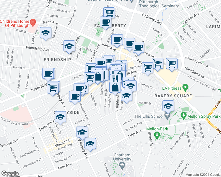 map of restaurants, bars, coffee shops, grocery stores, and more near 245 Lehigh Avenue in Pittsburgh