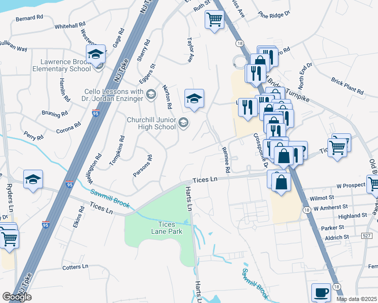map of restaurants, bars, coffee shops, grocery stores, and more near 18 Lake Avenue in East Brunswick