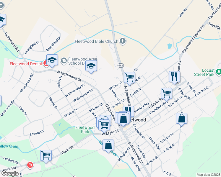 map of restaurants, bars, coffee shops, grocery stores, and more near 109 West Vine Street in Fleetwood