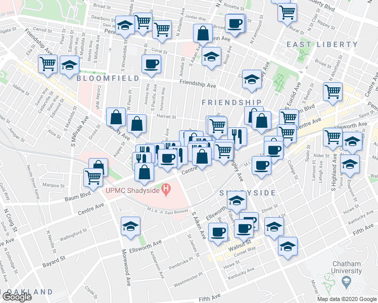 map of restaurants, bars, coffee shops, grocery stores, and more near 451 South Aiken Avenue in Pittsburgh
