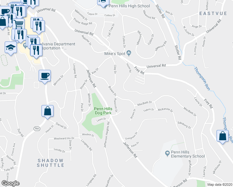 map of restaurants, bars, coffee shops, grocery stores, and more near 221 Bryant Drive in Pittsburgh