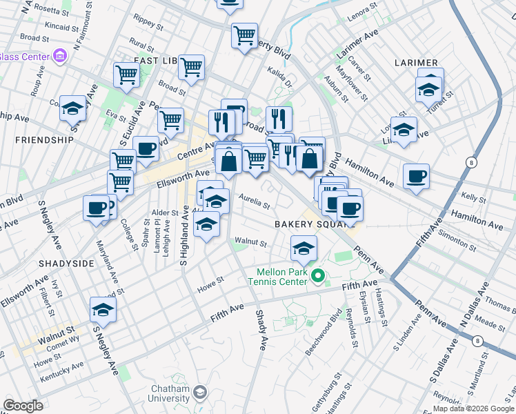 map of restaurants, bars, coffee shops, grocery stores, and more near 100 Denniston Street in Pittsburgh
