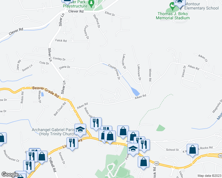 map of restaurants, bars, coffee shops, grocery stores, and more near 604 Countryside Drive in McKees Rocks