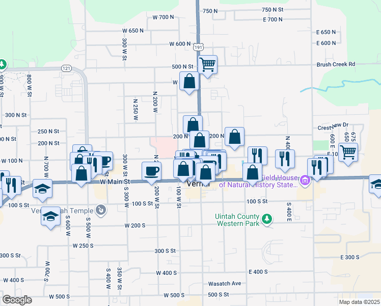 map of restaurants, bars, coffee shops, grocery stores, and more near 42 West 100 North in Vernal