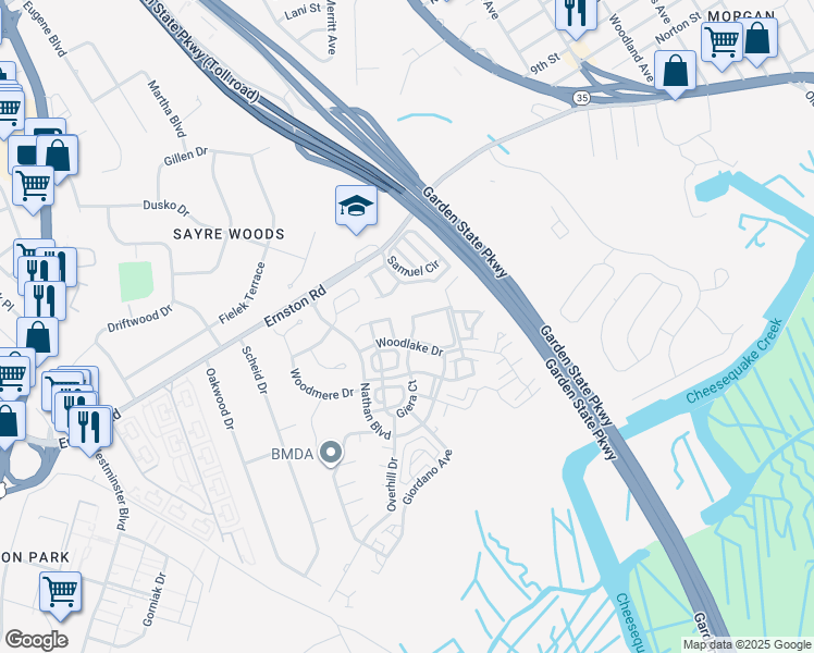 map of restaurants, bars, coffee shops, grocery stores, and more near 1801 Ridgeview Court in Sayreville