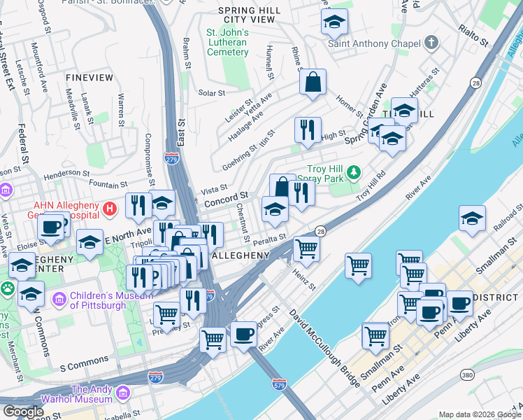 map of restaurants, bars, coffee shops, grocery stores, and more near 1007 Voskamp Street in Pittsburgh