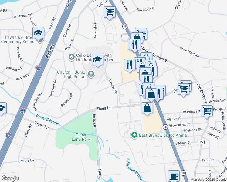 map of restaurants, bars, coffee shops, grocery stores, and more near 20 Ayres Court in East Brunswick
