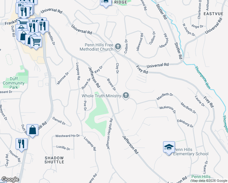 map of restaurants, bars, coffee shops, grocery stores, and more near 214 Bryant Drive in Pittsburgh
