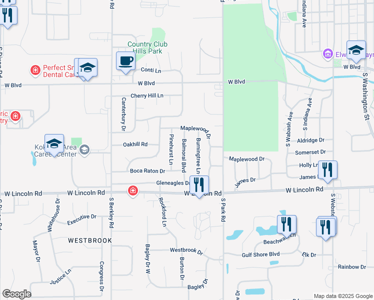map of restaurants, bars, coffee shops, grocery stores, and more near 2400 Balmoral Boulevard in Kokomo