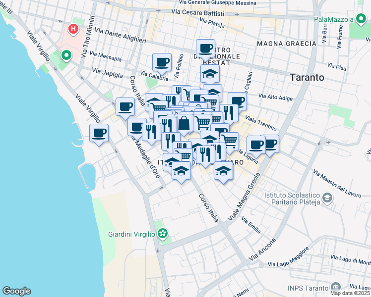 map of restaurants, bars, coffee shops, grocery stores, and more near 59 Via Emilia in Taranto