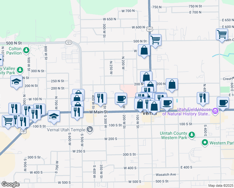 map of restaurants, bars, coffee shops, grocery stores, and more near 231 West 200 North in Vernal