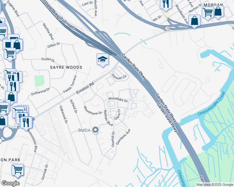 map of restaurants, bars, coffee shops, grocery stores, and more near 1801 Ridgeview Court in Sayreville