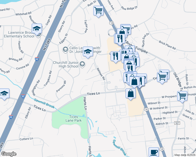 map of restaurants, bars, coffee shops, grocery stores, and more near 16 Lake Avenue in East Brunswick