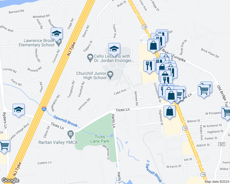 map of restaurants, bars, coffee shops, grocery stores, and more near 18 Lake Avenue in East Brunswick