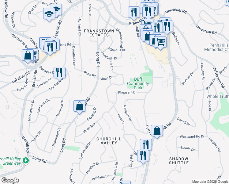 map of restaurants, bars, coffee shops, grocery stores, and more near 11835 Joan Drive in Pittsburgh
