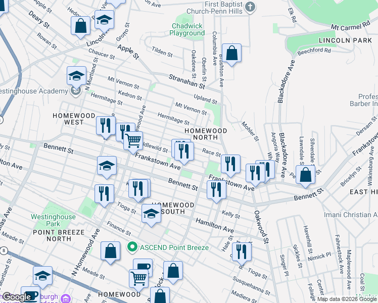 map of restaurants, bars, coffee shops, grocery stores, and more near 7345 Race Street in Pittsburgh
