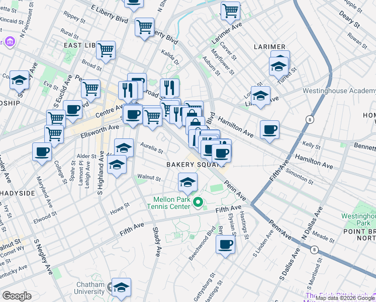 map of restaurants, bars, coffee shops, grocery stores, and more near 100 Denniston Street in Pittsburgh
