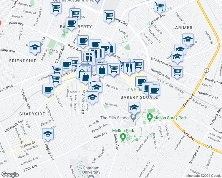map of restaurants, bars, coffee shops, grocery stores, and more near 198,100-199,101 Melmore Way in Pittsburgh
