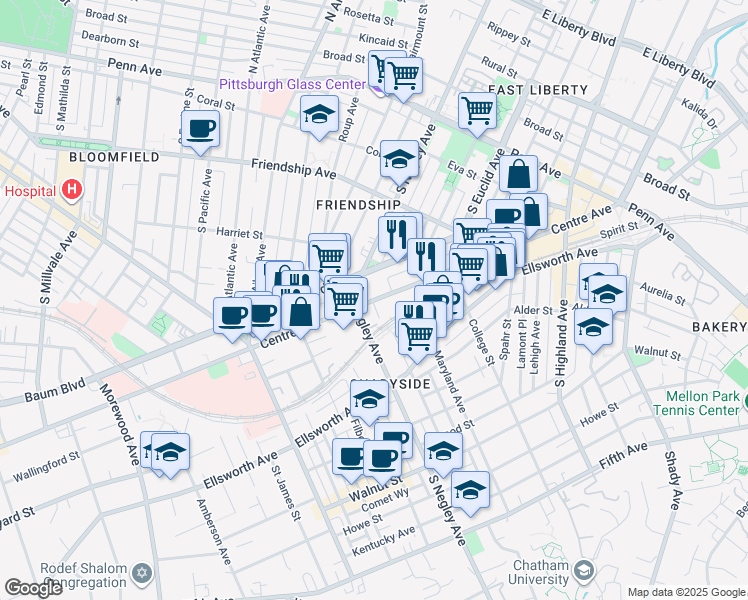 map of restaurants, bars, coffee shops, grocery stores, and more near 401 South Negley Avenue in Pittsburgh