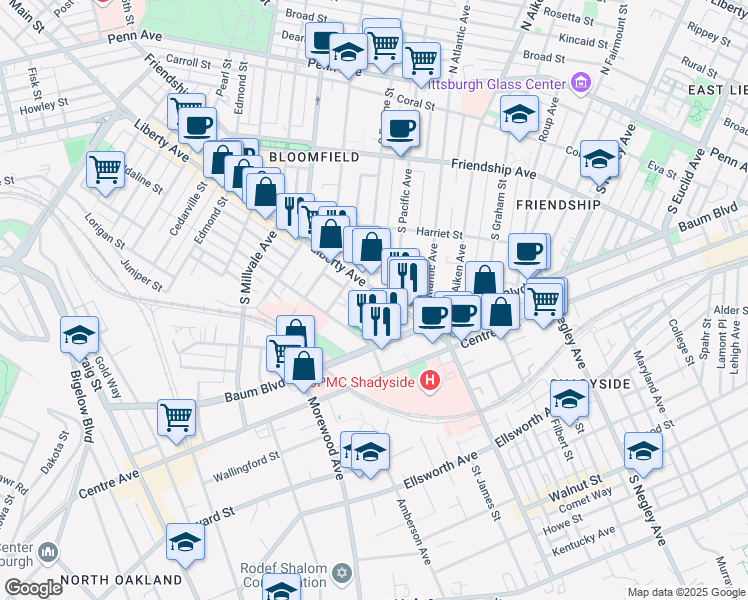 map of restaurants, bars, coffee shops, grocery stores, and more near in Pittsburgh