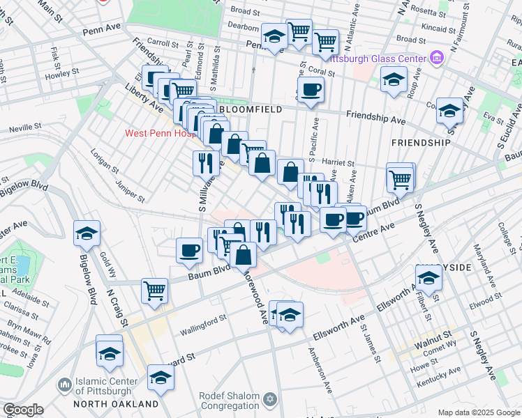 map of restaurants, bars, coffee shops, grocery stores, and more near 527 South Winebiddle Street in Pittsburgh