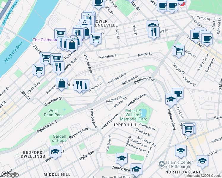 map of restaurants, bars, coffee shops, grocery stores, and more near in Pittsburgh