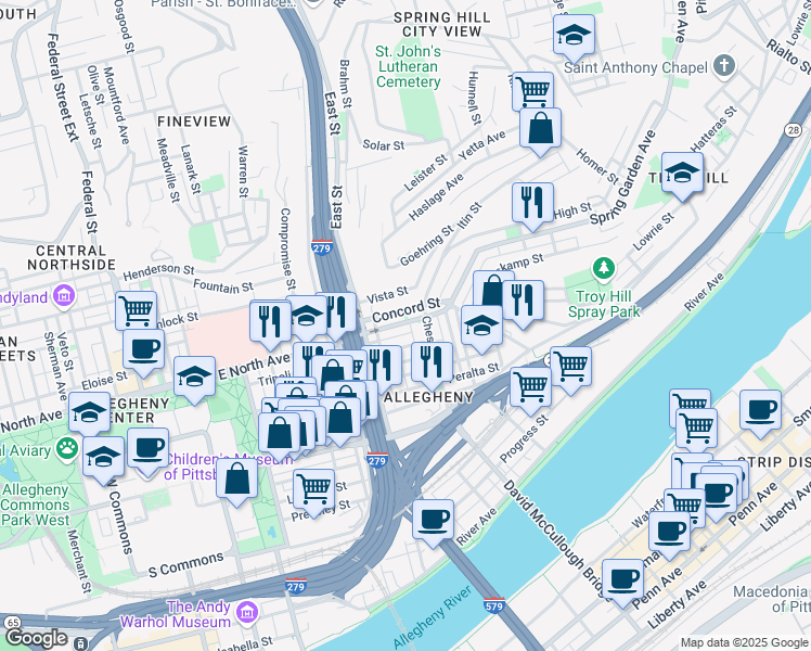 map of restaurants, bars, coffee shops, grocery stores, and more near 838 Concord Street in Pittsburgh