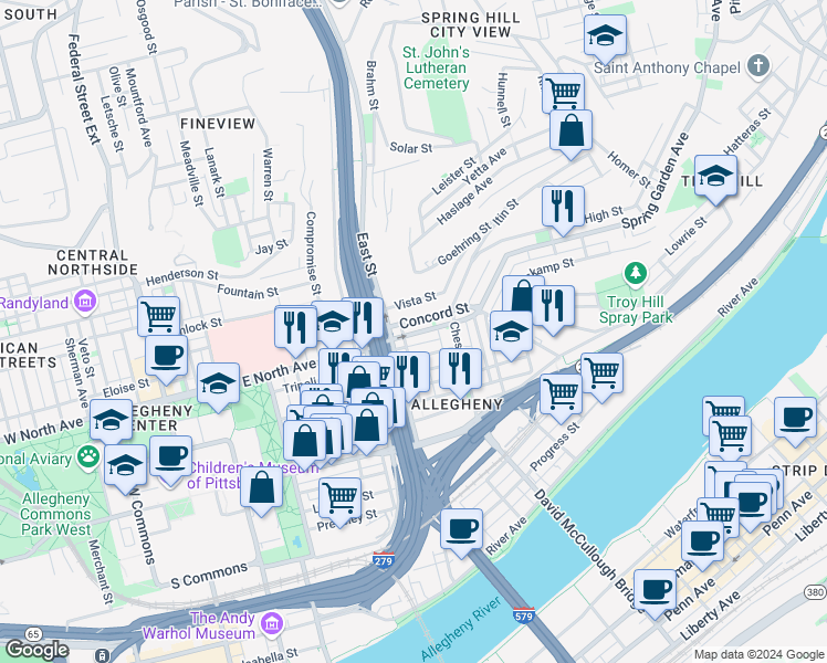 map of restaurants, bars, coffee shops, grocery stores, and more near 838 Concord Street in Pittsburgh